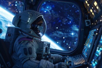 A man in a space suit is piloting a spacecraft