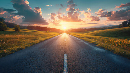 beautiful sun rising sky with asphalt highways road in rural scene use land transport and traveling background,backdrop - obrazy, fototapety, plakaty