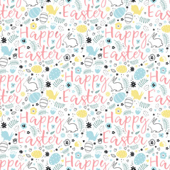 Easter background. Seamless pattern with Easter bunnies, eggs, flowers, hearts, leaves. Happy Easter Abstract design. Vector illustration on white