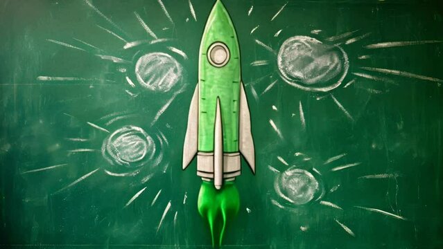 Drawing of rocket on blackboard moving into universe
