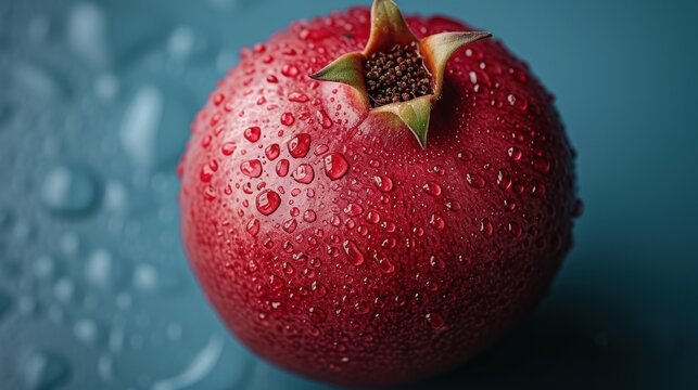 a close up of a red apple with drops of water on the top and bottom of it, on a blue background.