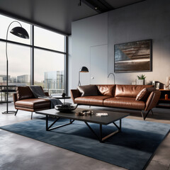 A modern living room with a plush sofa, a contemporary coffee table, and a black leather armchair