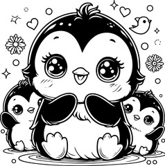 Obraz premium Cute baby penguin black outline cartoon vector illustration. Coloring book for kids.