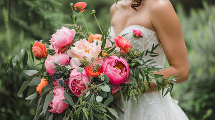A bouquet of peonies in the hands of a gentle bride - obrazy, fototapety, plakaty
