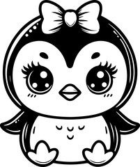 Fototapeta premium Cute baby penguin black outline cartoon vector illustration. Coloring book for kids.
