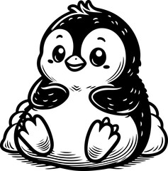 Cute baby penguin black outline cartoon vector illustration. Coloring book for kids.