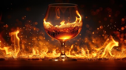 a glass of wine sitting on top of a table next to a bunch of fire raging out of the top of it. - obrazy, fototapety, plakaty