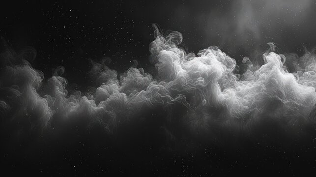  a black and white photo of a cloud of smoke on a dark background with a bright spot in the middle of the image and a black background with white dots.