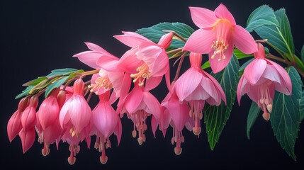  a bunch of pink flowers with green leaves on a black background with a black back ground and a black back ground with a black back ground and a black back ground.