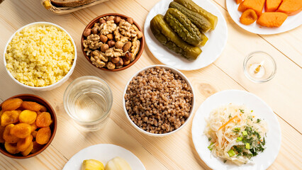 food without animal fats, boiled buckwheat porridge, nuts, boiled potatoes, bread, pickled...