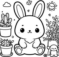 Cute baby bunny rabbit black outline vector illustration. Coloring book for kids.