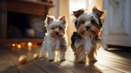 two Biewer Yorkshire Terrier puppies close-up in a room on a wooden floor,