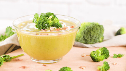 Broccoli soup in a glass bowl
