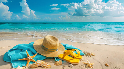 Fototapeta na wymiar A beach hat and starfish resting on the shore of the turquoise ocean