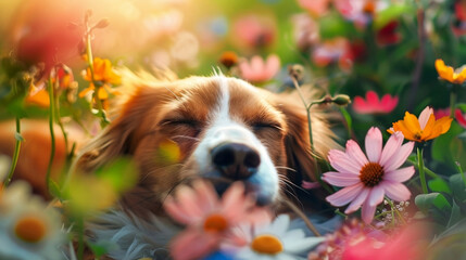 Dog nose peeks out out of the colourful wildflowers, close up. Dog sneeze in allergy season. The concept of allergy to pollen, animals, pets, dogs, seasonal allergies. - obrazy, fototapety, plakaty