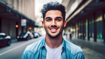 smiling young man, green eyes, strong jaw, white perfect smile, standing on a city street in a denim shirt posing