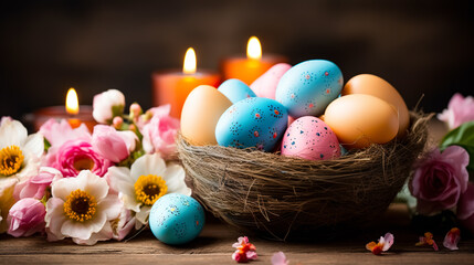 Fototapeta na wymiar Colorful easter eggs in nest with spring flowers on wooden background. Greeting card on an Easter theme. Happy Easter concept.