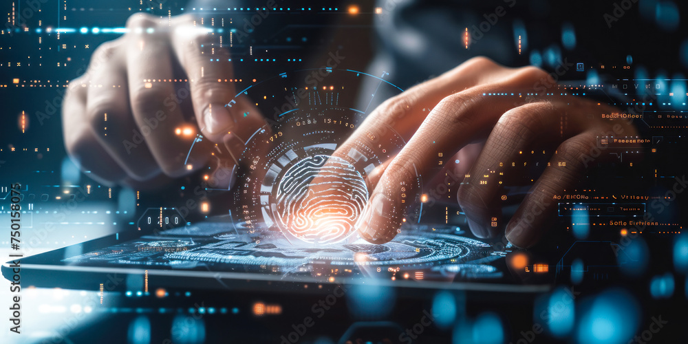Poster cybersecurity concept with person using a tablet to navigate a complex interface with digital biomet