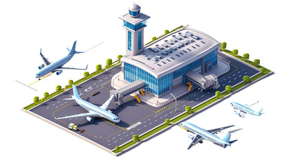 Isometric view of airport on transparent or white background - obrazy, fototapety, plakaty