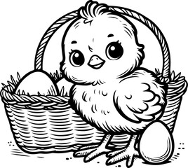 Cute baby chicken black outline vector illustration. Coloring book for kids.