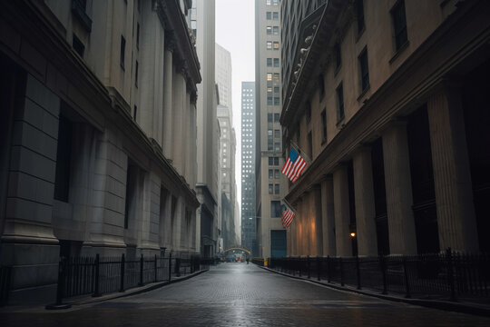 Wall Street in the Financial District of Lower Manhattan in New York City. NYC's Financial District. American financial industry. Wall Street, stock exchange NYSE, financial markets. US capitalism