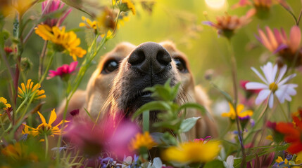Dog nose peeks out out of the colourful wildflowers, close up. Dog sneeze in allergy season. The...