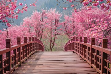 A bridge over a path with pink cherry blossoms