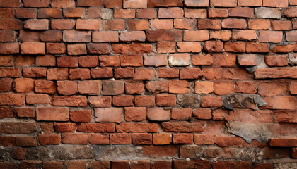 Fototapeta premium Fragment of old brickwork, close-up. Red brick wall. Potholes and defects in a brick wall. Flat lay, close-up. Cracks and defects of red brick on the wall. building houses, texture