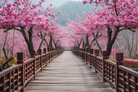 A long wooden bridge with pink cherry blossoms on either side