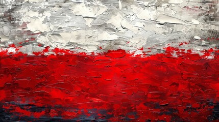 Abstract red and white painting on canvas. Modern art with red and white acrylic textures. Textured paint strokes and splatters in red and white.