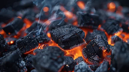 Poster de jardin Texture du bois de chauffage Barbecue Grill Pit With Glowing And Flaming Hot Charcoal Briquettes, Close-Up