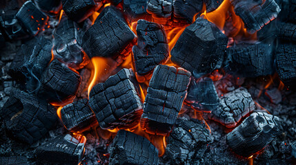 Barbecue Grill Pit With Glowing And Flaming Hot Charcoal Briquettes, Close-Up