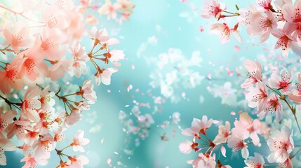 Delicate cherry blossoms with petals falling on turquoise background. Soft floral backdrop with space for text. Springtime concept with cherry blossom branches.