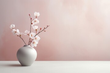 Elegant cherry blossoms in a modern vase against pastel pink background. Minimalist floral arrangement with space for text. Springtime cherry blossom branches in soft light.