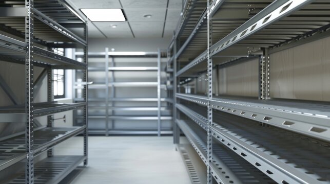 Empty metal storage shelves in a clean warehouse. Industrial racking system with no inventory. Modern warehouse interior with metal shelving units.