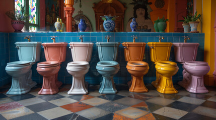 Toilettes (wc) en faïence multicolore, accessibilité des toilettes dans l'espace public, ils sont rares et peu facilement trouvables