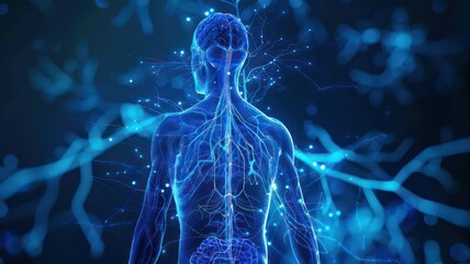 Visible neural pathways on a model of a human body created with Generative AI