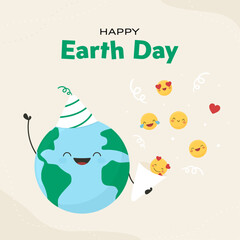 Happy Earth Day social media template vector. Happy face of the planet earth with a cute smile, a party hat and confetti popper. Exploding party popper with emoticons, heart, streamer and ribbons.