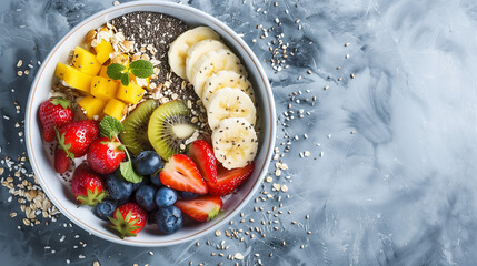 Yogurt with fresh fruits chia seeds kiwi strawberry blueberry and mango cubes on the top view place for text title