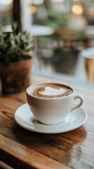 vertical photo of A cup of cappuccino on a coffee house bistro table