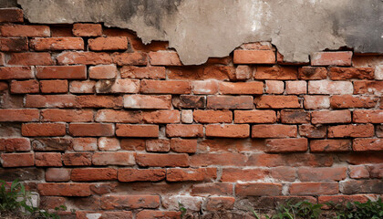 Fragment of old brickwork, close-up. Red brick wall. Potholes and defects in a brick wall. Flat...