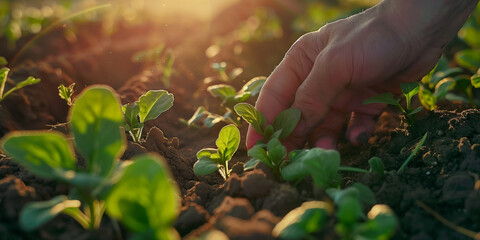 Fototapeta premium thinning out the young seedlings in the garden two weeks after seeding