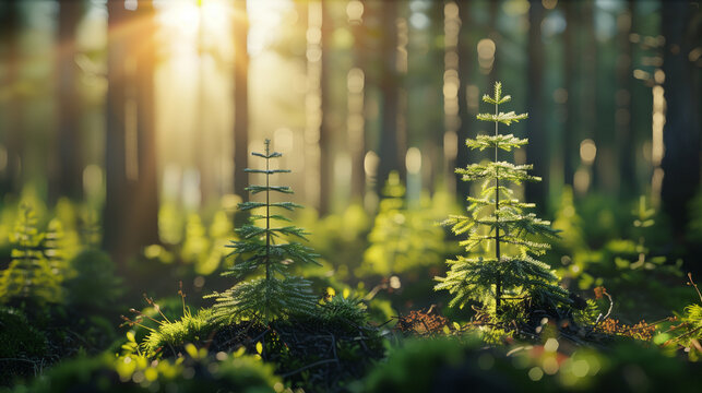 Young pine trees at the midle of the forest