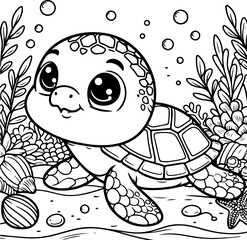 Cute baby turtle black outline vector illustration. Coloring book for kids.
