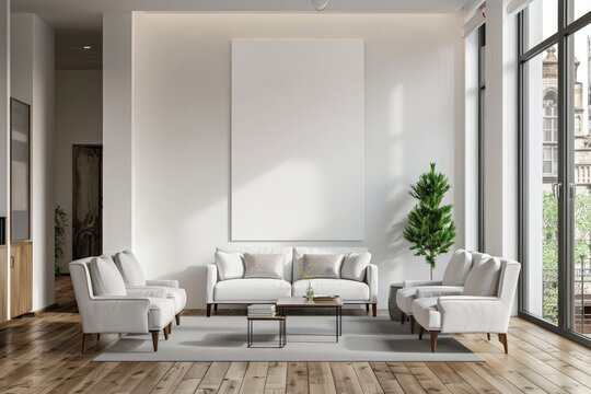 A white living room with a large white wall and a white couch