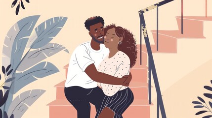 Embrace of Diversity: Multicultural Couple on Stairs Generative AI