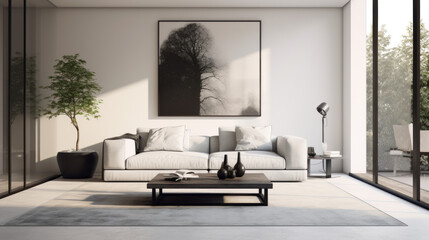 A modern living room with a minimalist decor and a monochromatic color scheme, featuring a black and white rug and an abstract painting