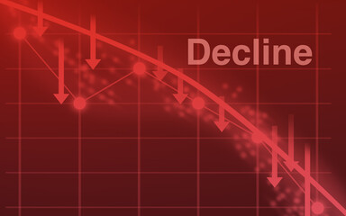 Decline lettering and a red chart which shows a crashing development, graph, downward trend, business, economy, diagram, arrow, stock market, drop, economic bubble, crisis