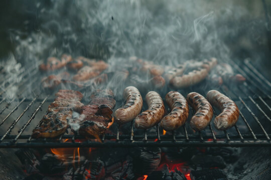 grilling sausage on a barbecue party