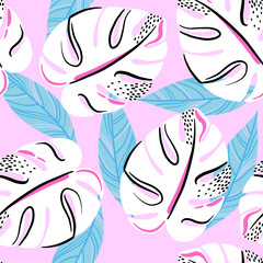 Fashion tropics funny wallpapers. Seamless pattern with palm leaves on pink background.	
